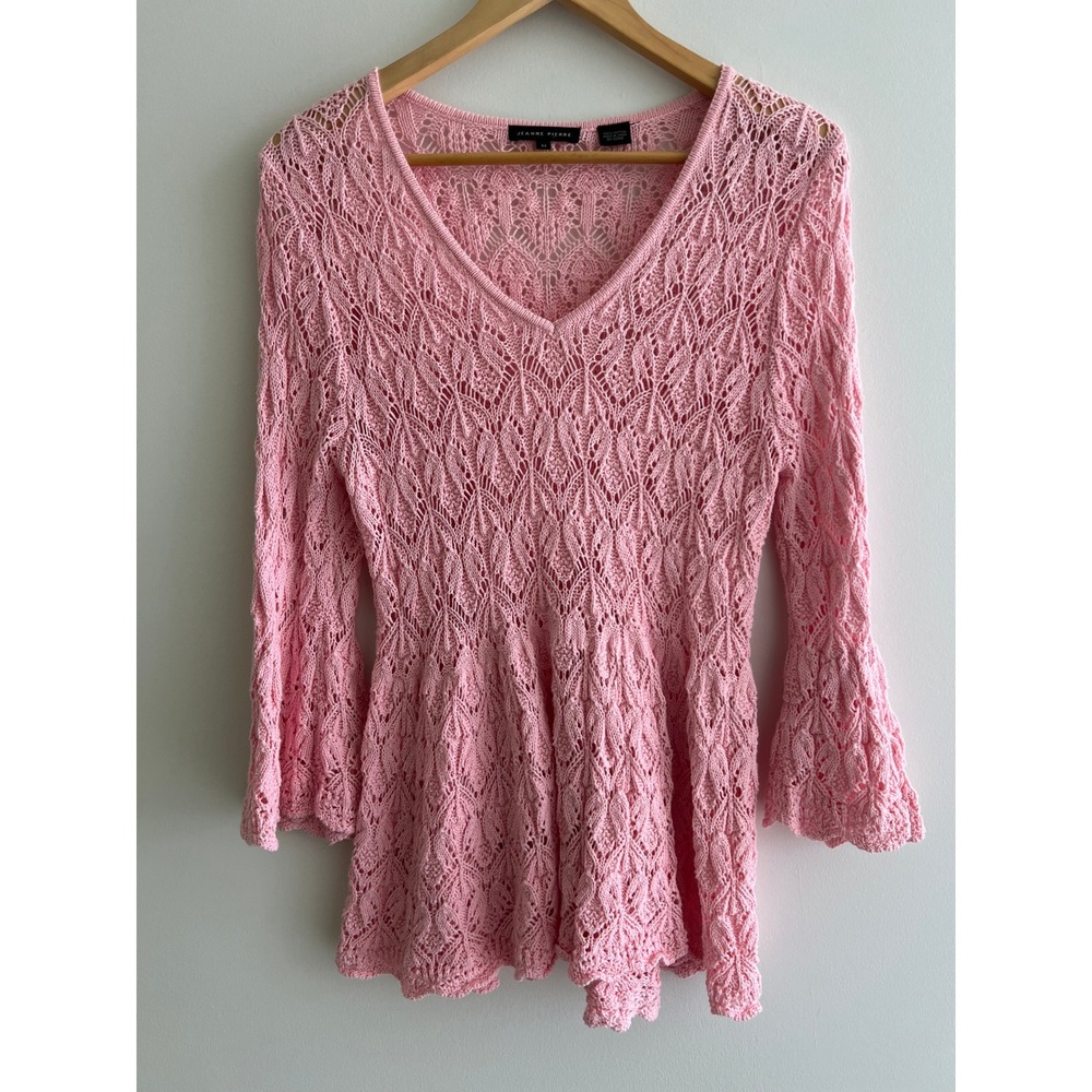 Jeanne Pierre Pink Crochet Lace Knit Festival Sweater‎ Coquette Cottagecore M